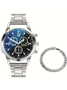 2-piece/two-set trendy men's watch, three-eye digital steel strap quartz watch, fashionable men's watch, student wristwatch, bracelet set, Modern Fashionable Wristwatch, Quartz Analog Watch, Analog Quartz Movement