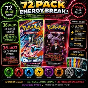 Chaos Rising and Destined Rivals  Pokemon Energy Break 72-Pack Trading Card Box - Sealed Box with Play Booster Packs, Raw Card Singles, Authentic English Collectibles for Engaging Gameplay