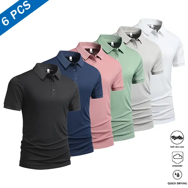 Men's Summer 6-Pack Short Sleeve Quick Dry Polos — Soft, Comfortable, Casual, Fashionable Enough for Everyday Wear & Commuting Fabric