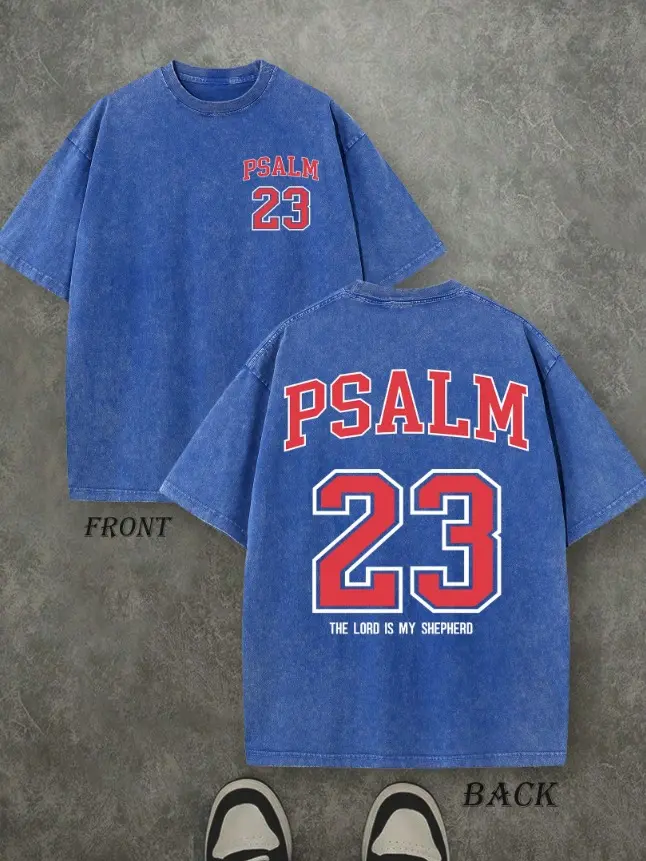 Vintage Washed "PSALM 23 THE LORD IS MY SHEPHERD" Double-Sided Graphic Tee | 230gsm Thick Heavyweight Pure Cotton Crew Neck Short Sleeve Top, Vintage Christian Streetwear Daily Casual Apparel for Men Women