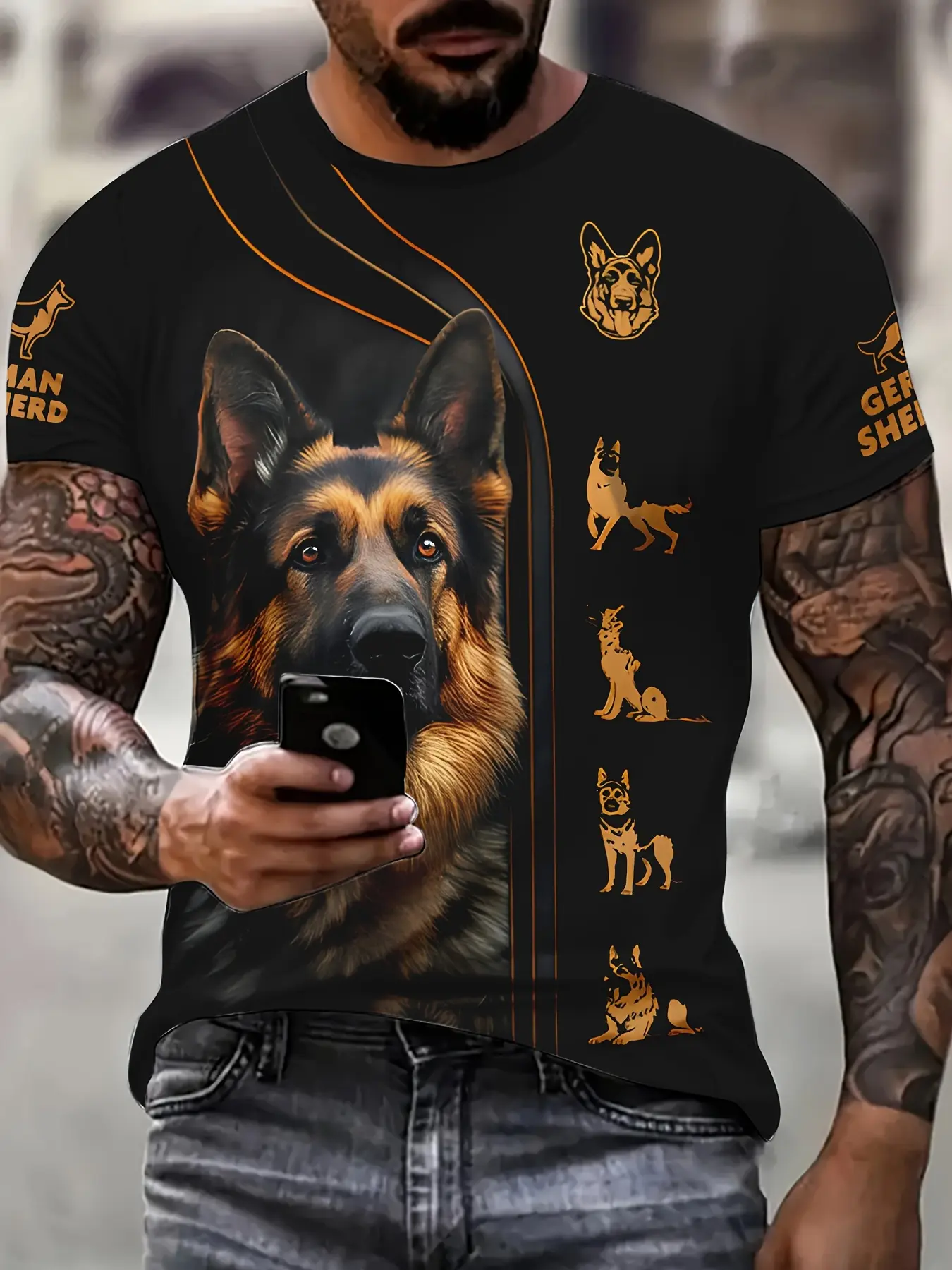 Men's German Shepherd Print T-Shirt - Black with Orange Accents, Slim Fit Casual Summer Short Sleeve, High-Quality Digital Print, Machine Washable Lightweight Shirt, Must-Have for Dog Lovers, Comfortable Breathable Fabric, Versatile Daily Wear Trendy