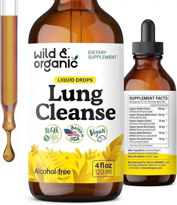 Wild & Organic's Lung Cleanse Tincture - Mullein Leaf Extract for Lungs - Herbal Detox Supplements - Vegan, Sugar & Alcohol-Free Mullein Drops