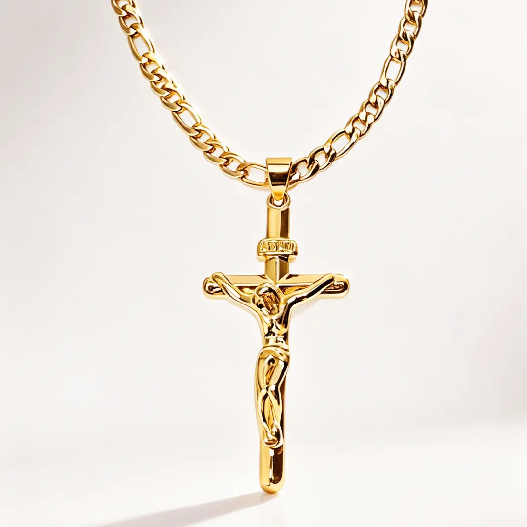 14K Gold Plated Cross Pendant Necklace with Stainless Steel Figaro Chain, Hypoallergenic, Tarnish-Resistant, Adjustable Length, Statement Accessory for Men Women, Daily & Occasion Wear