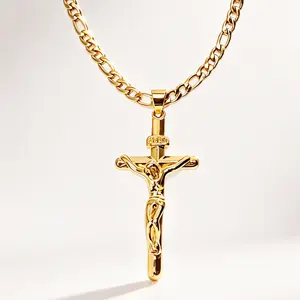 14K Gold Plated Cross Pendant Necklace with Stainless Steel Figaro Chain, Hypoallergenic, Tarnish-Resistant, Adjustable Length, Statement Accessory for Men Women, Daily & Occasion Wear