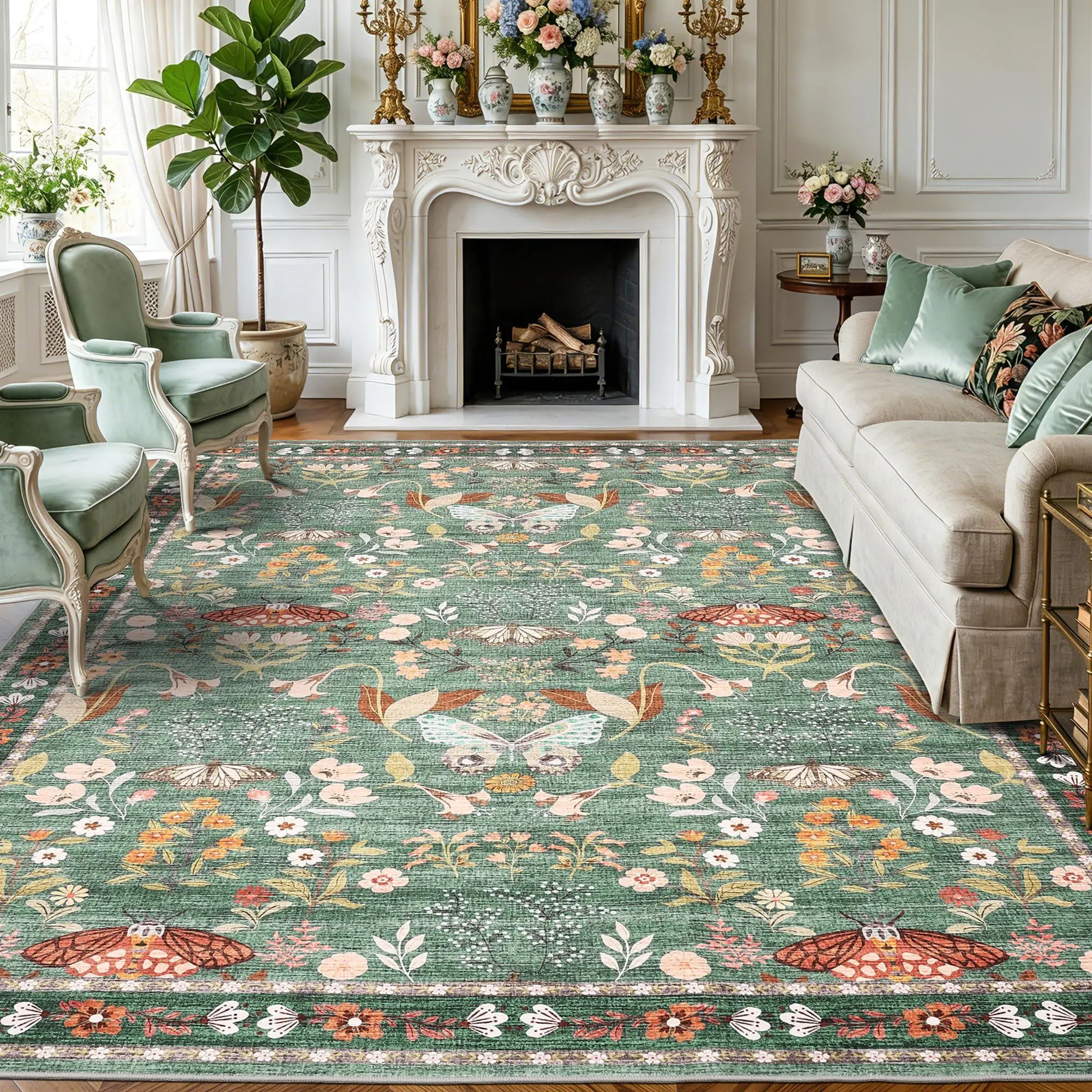 5x7 Washable Area Rug, Non-Slip Low Pile Rug with Butterfly Floral, Stain Resistance Carpet for Living Room, Bedroom, Dining Room, Light Green