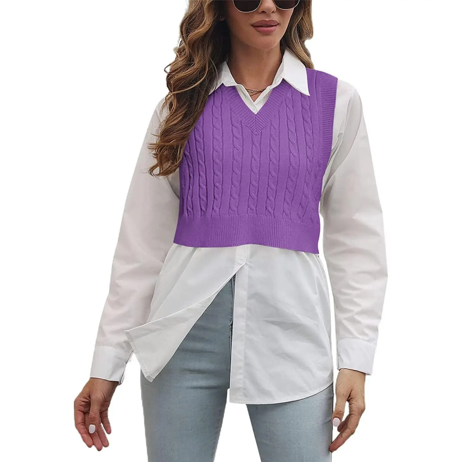 Lannew Women's V-Neck Knit Sweater Vest Solid Color Argyle Plaid Preppy Style Sleeveless Crop Knit Vest