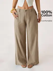 PETITE Women Cotton Linen Pants Low Waist Wide Leg Breathable Straight Fit Casual Summer Outfit