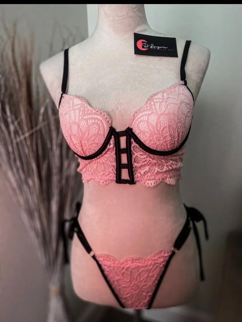 Belinda Set Pink and Black Padded Underwire Corselette with Matching Panty - Womenswear Elegance Elegant