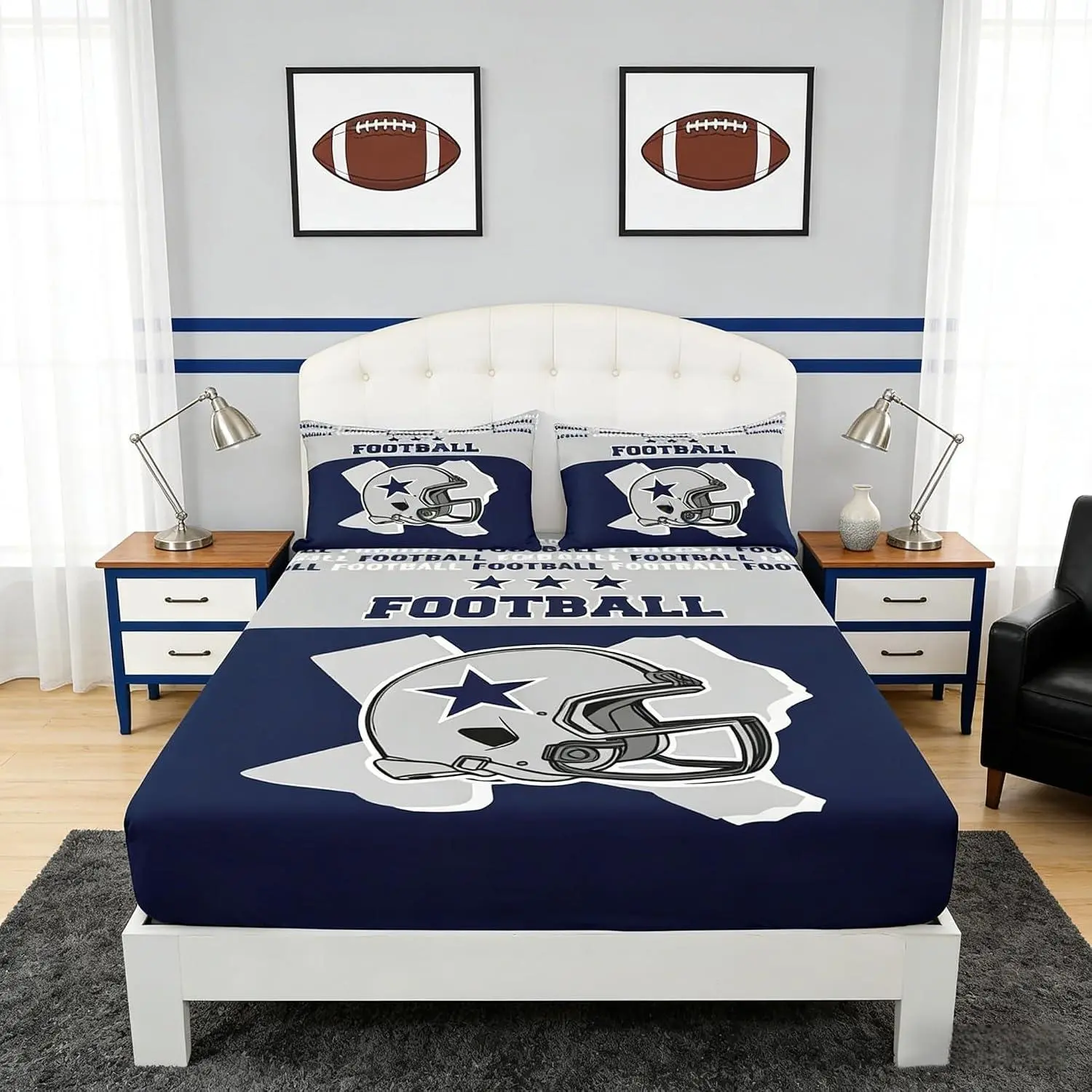 Feelyou Multi-Size Printed Sports Theme Bedding Set - Bedsheets with American Football Fitted Sheet, Blue Grey Bed Cover, Western Texas Star Cowboy Look, Rugby Helmet Design for Male Rooms