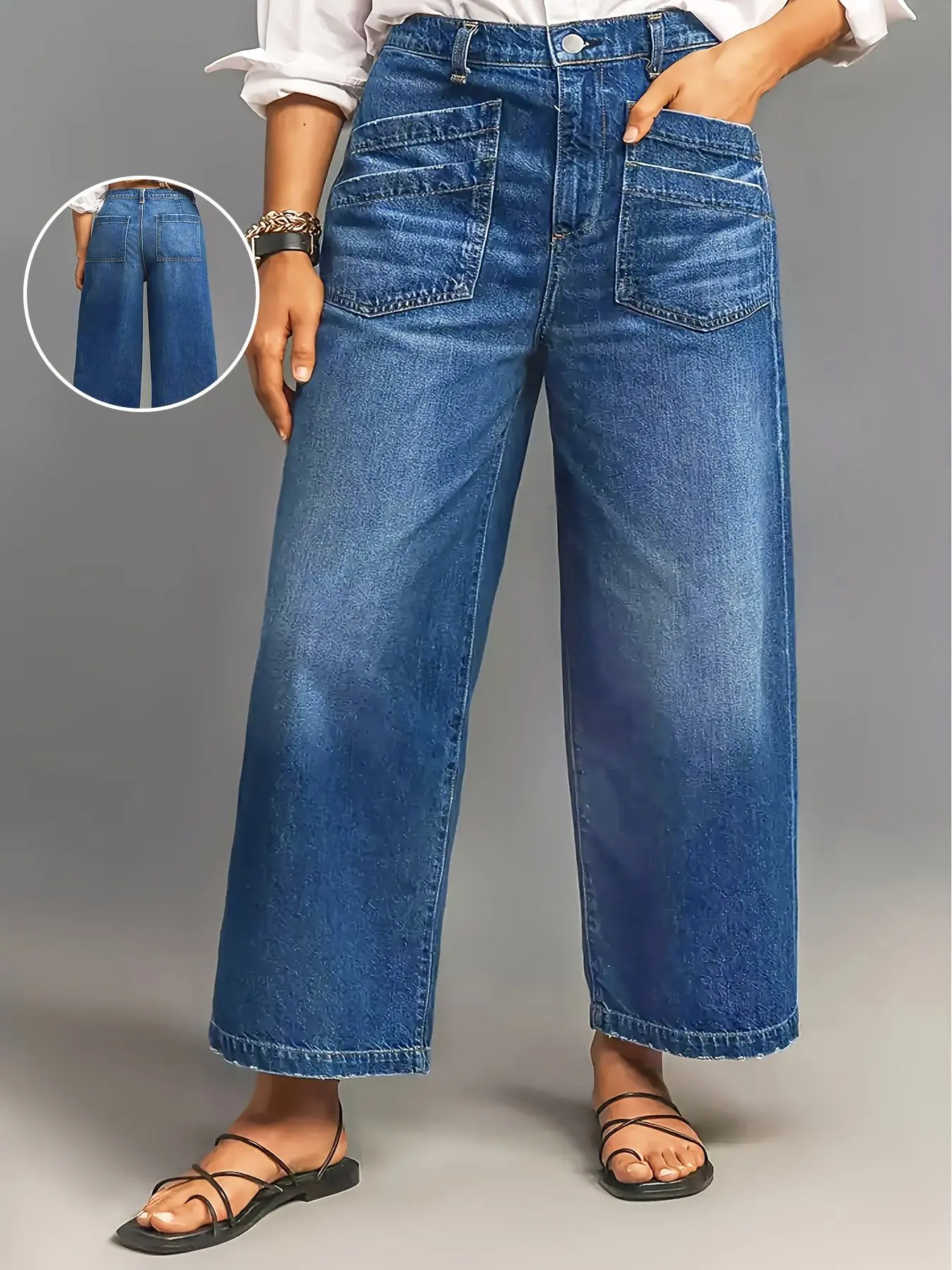 Plus Size Retro Vintage Casual High Waist Wide Leg Denim Jeans for Women, Loose Fit Slimming Straight Nine-Inch Cropped Pants, Front Pocket Design, Perfect for Pear Shape
