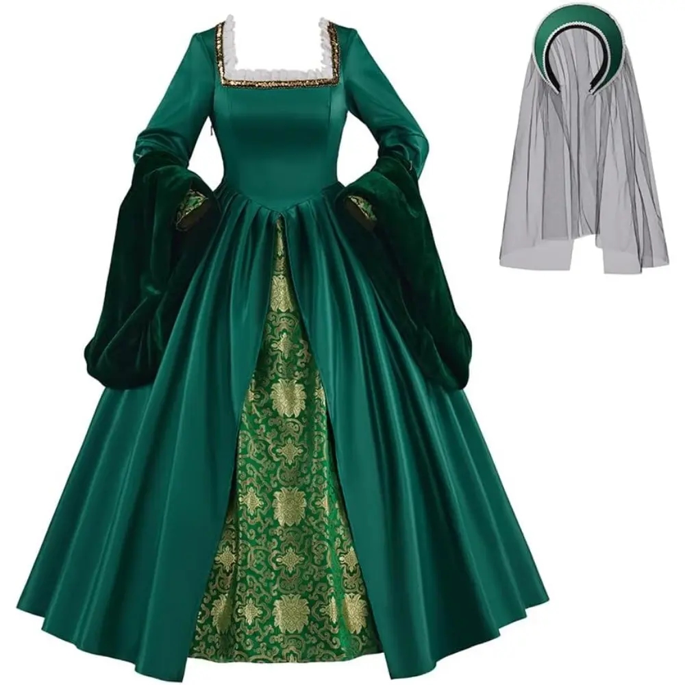 Women's Tudor Court Gown - Anne Boleyn Elizabethan Royal Green Costume, Elegance-Focused Puffed Design, Hip-Flattering Fabric, Lady, 3Xl, Floor-Length, Dry Clean, Elegant, Tailored, Large