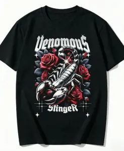Venomous Stinger Scorpion And Roses Short Sleeve Cotton T-Shirt, 100% Cotton, Edgy Streetwear Casual Summer Tee