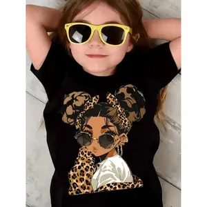 Stylish Girls Leopard Print T-Shirt Featuring Girl Graphic in Black White and Pink Perfect for Summer Casual Outfits