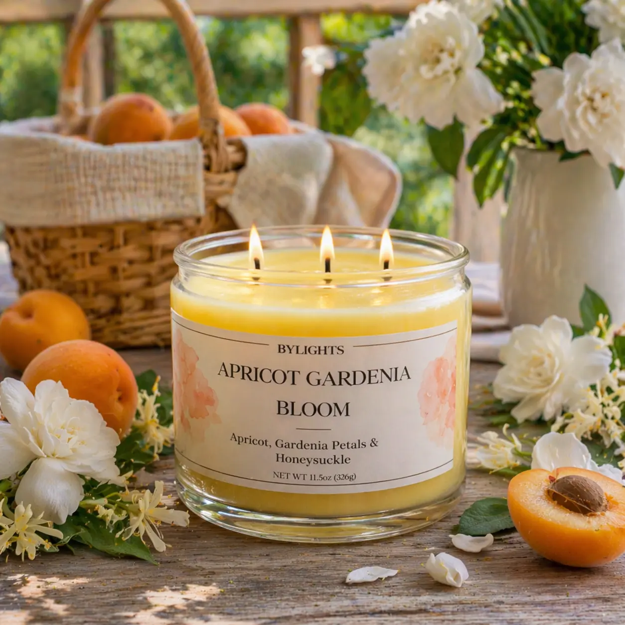 ByLights Apricot Gardenia Bloom Scented Candle, 3 Wicks Glass Jar, Handmade Candle, Gift For Her