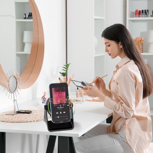 【Valentine's Day gift】Lentorgi 5-in-1 Wireless Induction Bluetooth Audio Speaker, Phone Stand Ambient Light, Surround Sound 360° Rotation Rechargeable Hands-Free Calls For Bedroom, Office, Kitchen, Camping, Yoga, Cooking Gifts for Men, Women, Elderly 【Valentine's Day gift】Lentorgi 5-in-1 Wireless Induction Bluetooth Audio Speaker, Phone Stand Ambient Light, Surround Sound 360° Rotation Rechargeable Hands-Free Calls For Bedroom, Office, Kitchen, Camping, Yoga, Cooking Gifts for Men, Women, Elderly