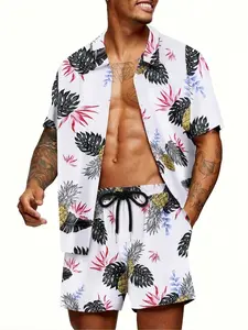 Men's Tropical Pineapple Print 2-Piece Loungewear Set - Short Sleeve Camp Collar Shirt & Drawstring Shorts, Soft Breathable Fabric, Relaxed Fit for At-Home Lounging, Lazy Weekends & Casual Evenings, Clothes