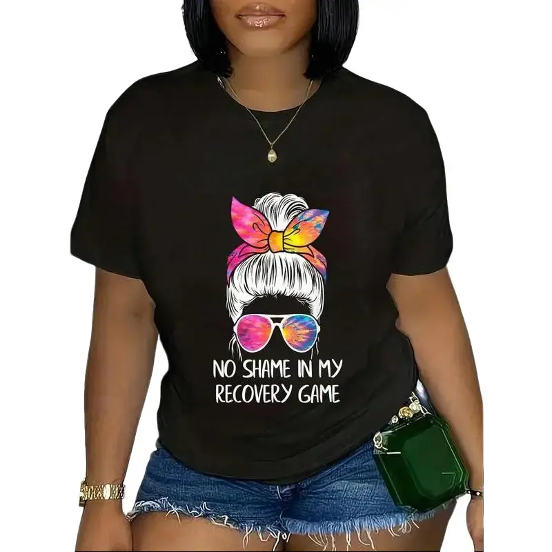 Women's 100% Cotton Short-Sleeve Crop T-Shirt - Round Neck, Casual, Breathable Soft Knitted Fabric, Sobriety AA NA Anniversary "No Shame In My Recovery Game" Print, Summer Flower Outfit, Shortsleeve, Tshirt