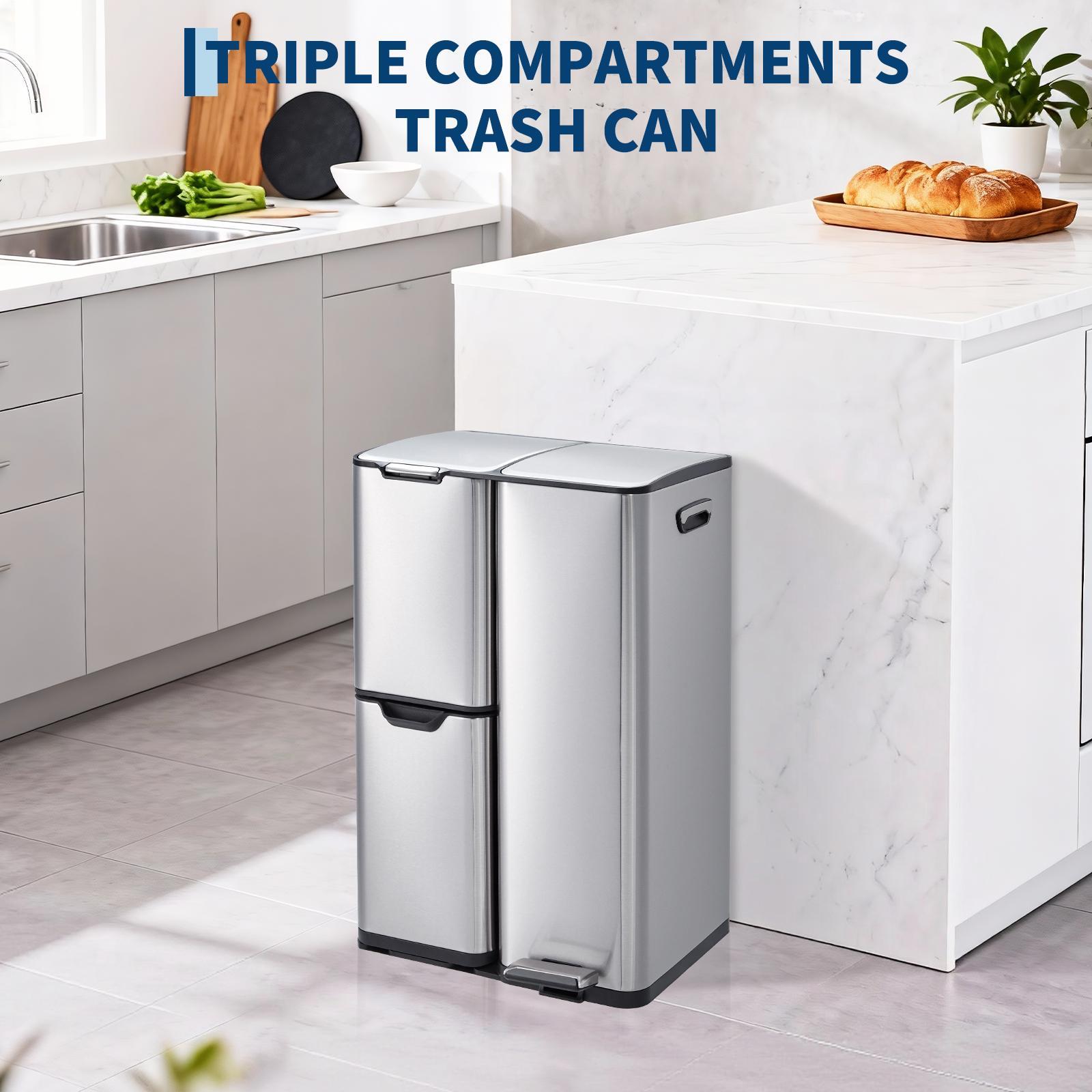16-Gal Triple-Compartment Stainless Steel Recycling Trash Can with Hands-Free Foot Pedal, Lid, Removable Inner Plastic Buckets, Slide Feature, Large Waste Separator for Kitchen & Office