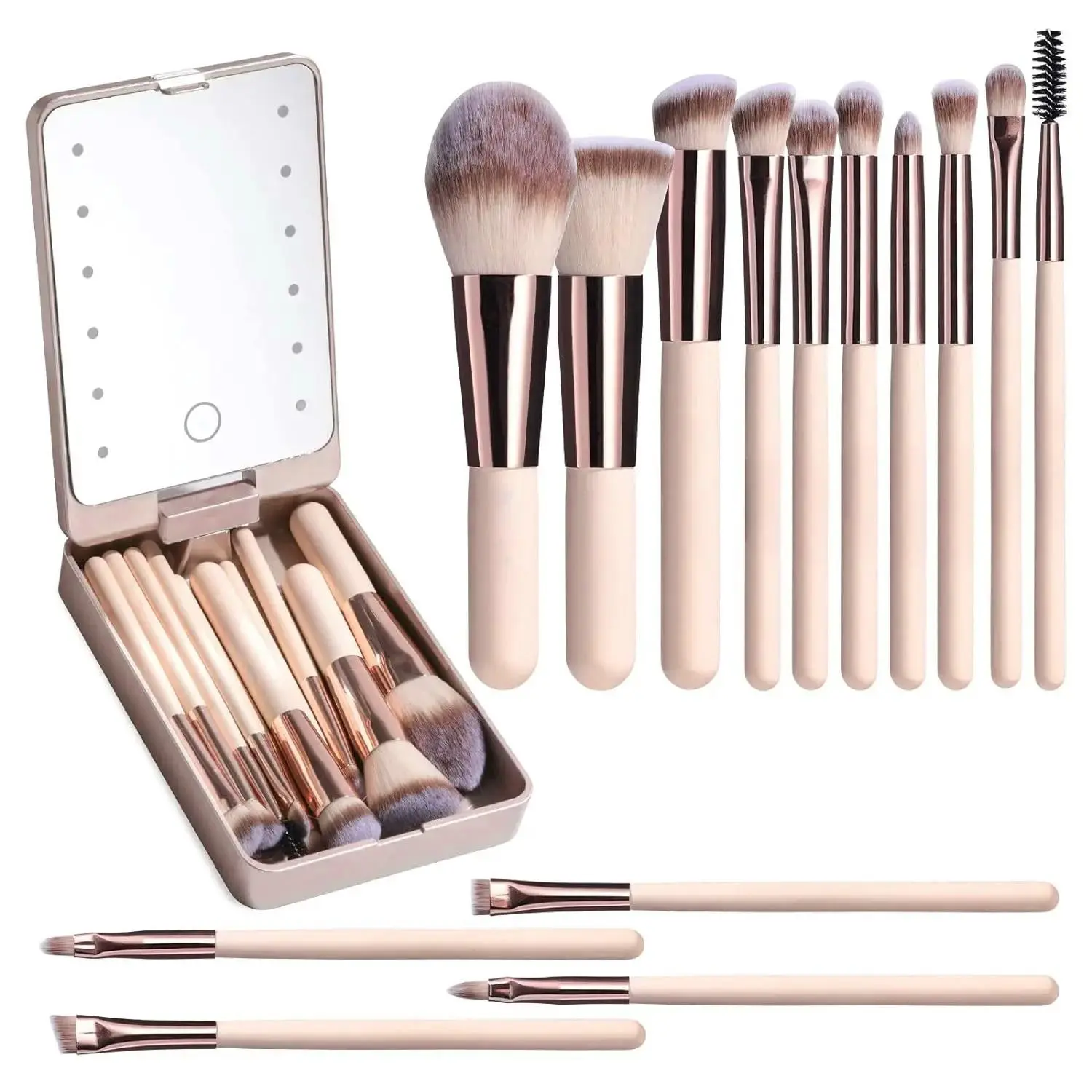 14-Piece Makeup Brush Set with LED Mirror, USB Rechargeable, Synthetic Bristles, Face Makeup Brushes, Includes Foundation, Blush, Eyeshadow Brushes, Perfect Gift