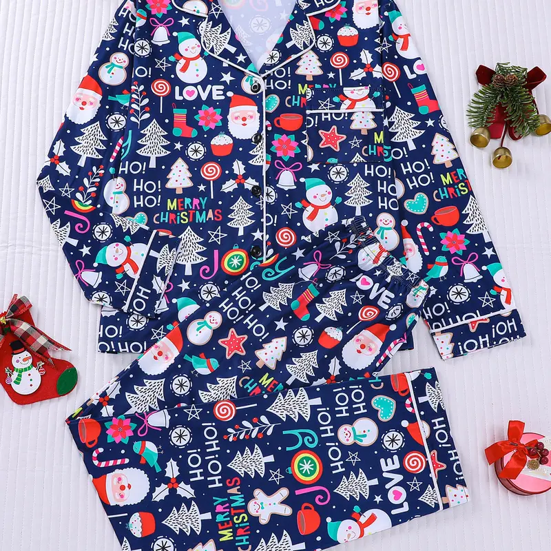 Women's Christmas-Themed Two-Piece Pajama Set, Gingerbread Man Print Loungewear, Pocket Button Front Long Sleeve Top & Elastic Waist Pants, Soft Comfortable Skin-Friendly Fabric, Homewear, All-Season Pjs