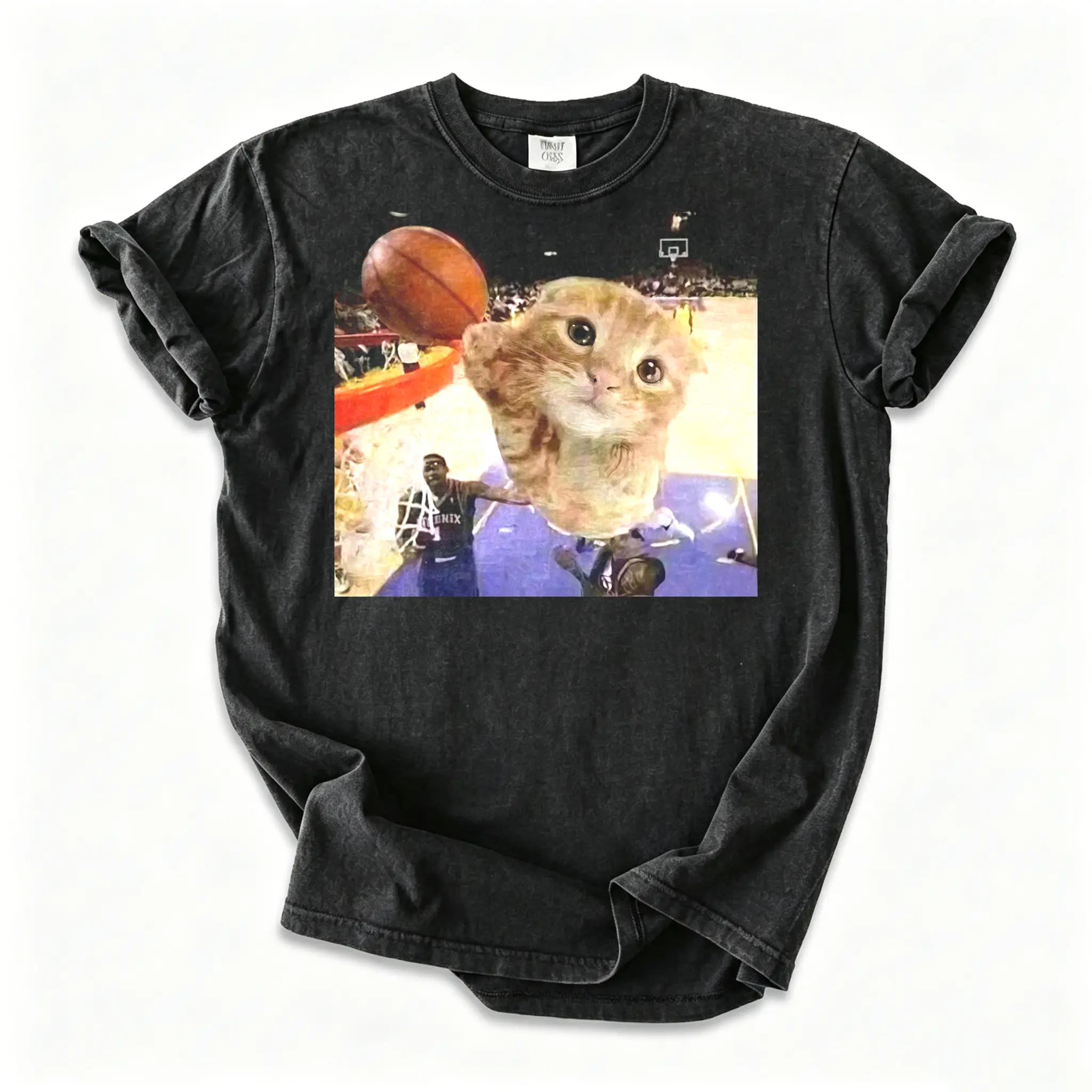 Women's Vintage Graphic T-Shirt with Funny Cat Meme Print, Casual Shortsleeve Streetwear, 100% Cotton, USA Made with Distressed Finish, Fabric, Top, Tee, Oversize, Fit