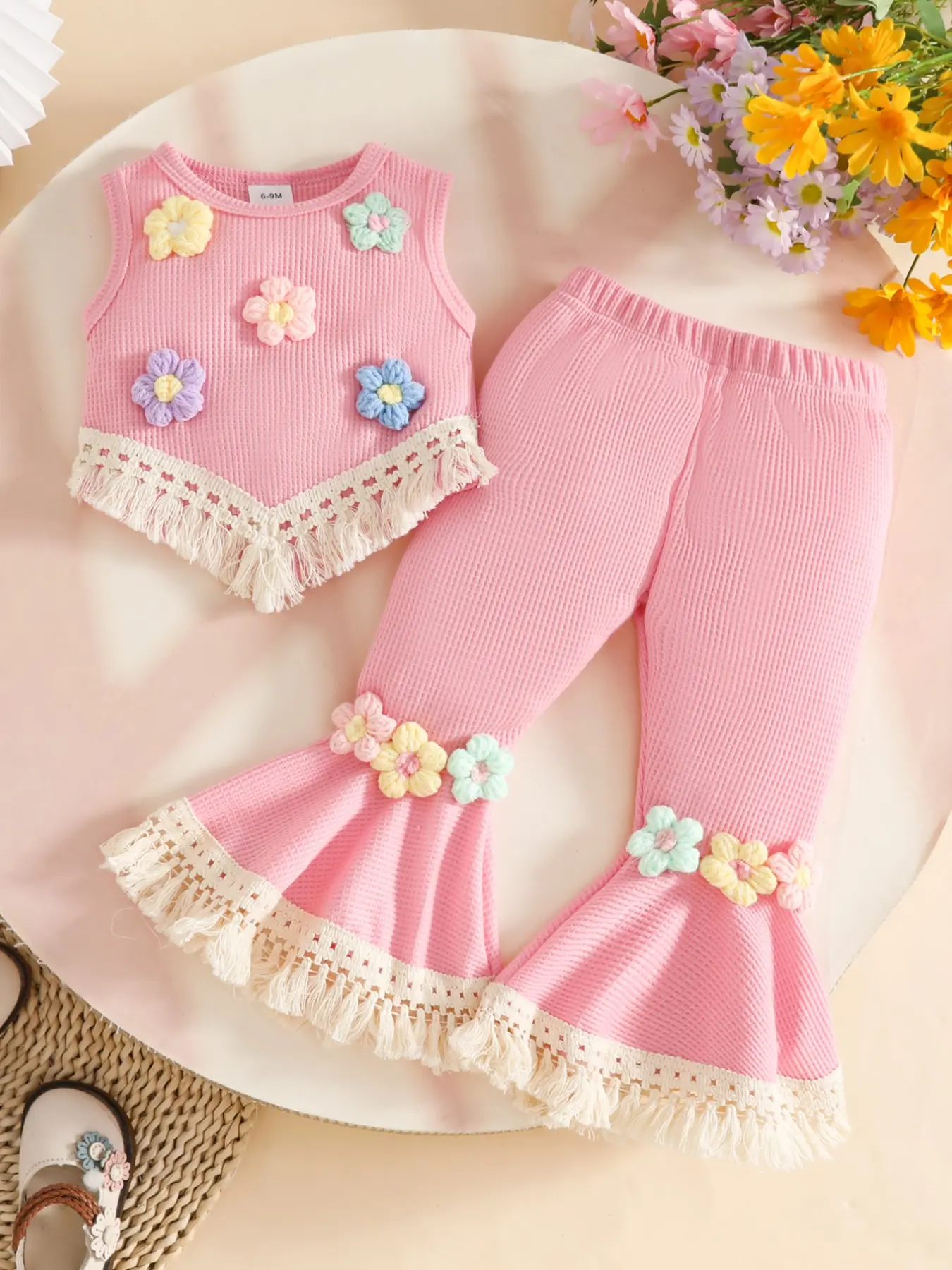 2-Piece Toddler Girl, Cute Sleeveless Round Neck, 3D Floral Embroidery, Cozy Waffle Knit Vest & Elastic Waist Bell Pants, Casual Style, Summer Gift Set, Baby Clothing