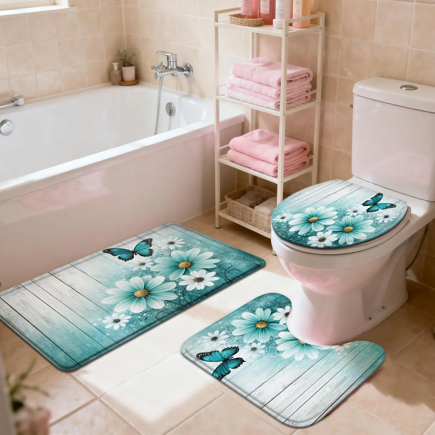 3/4pcs Non-Slip Bath Rug Mat Suitable for Shower, Toilet, Bathtub - Thick Quick-Dry Soft Carpet with Blue Floral Butterfly, Machine Washable Suitable for Bathroom, Laundry Room, Bedroom, Entry Door, Modern Home Decor Mat