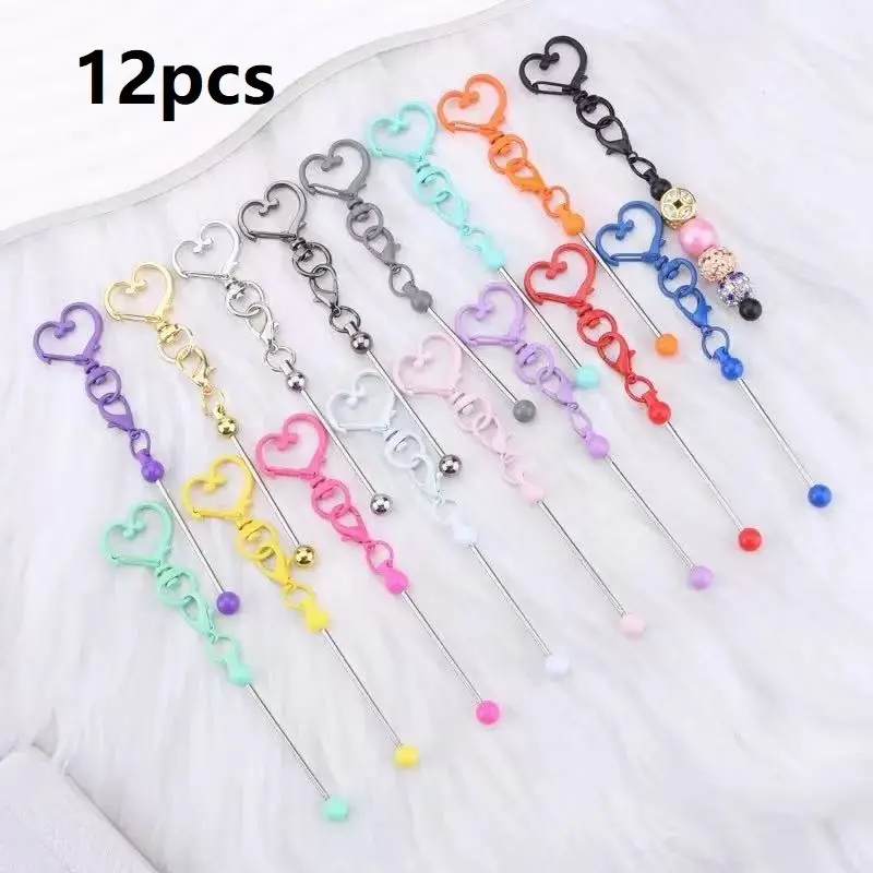 12 Piece Heart Keychain Set, DIY Keyring Making Materials, Silver Color Metal Beads Blank Keychains, for Beaded Keyrings, Connectors, Decorations Accessories, Trendy Cute Keychain, Keychain Kit