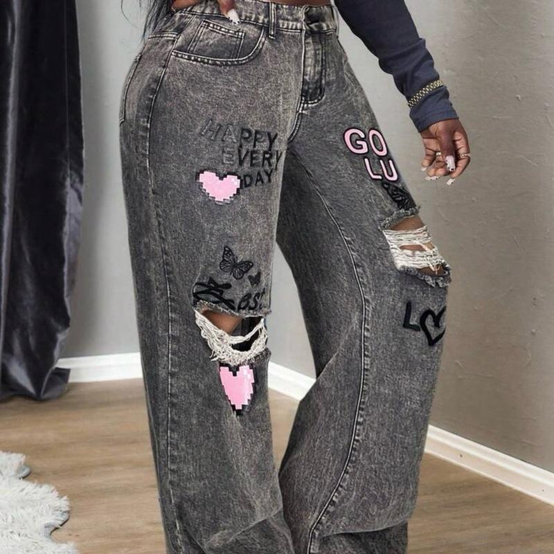 Slaydiva Women's Plus Size Grey Denim Extra Long Jeans With Ripped Knees And Graphic Prints Western Wear Women