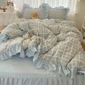 Plaid Ruffle Comfy Bedding Set, Includes 1 Fitted Sheet and 2 Pillowcases, Korean Style Princess Wind, Warm Soft Breathable, All Seasons Use