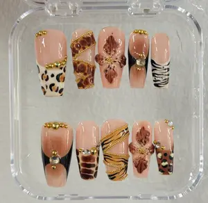 Brown Leopard Press-On Nails, Zebra French Tip Design, 3D Floral Accent, Gold Bead Detail, Glossy Nude Pink Handmade Square Nails, Luxury Safari Glam Nail Art Set
