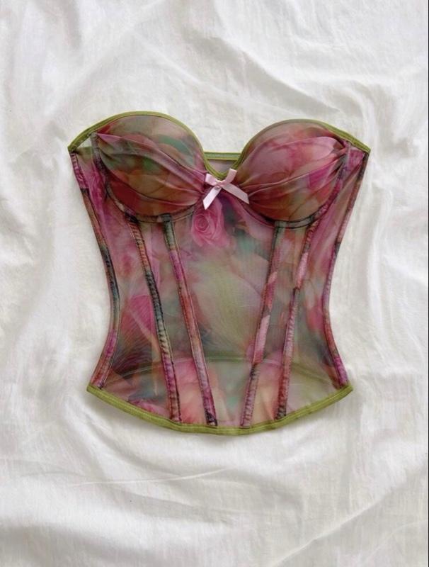 Soleia Watercolor Tie Dye Bow Tie Elastic Mesh Ruched Bustier