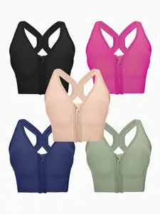 Women's Front Zip Sports Bra Set, Activewear, Shockproof Running Yoga Tank Top, Medium Support Backless Cross Training Bras, 5 Pack