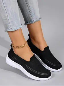 Women's Fashionable Plain Color Slip on Sneakers, Casual Comfortable Breathable Lightweight Sports Shoes, All-match Soft Sole Flat Shoes for Daily Wear