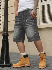 Shiny Denim Shorts with Rhinestones, Loose-Fit Street Style Jean Pants, Breathable Summer Wear, Versatile Daily Commute