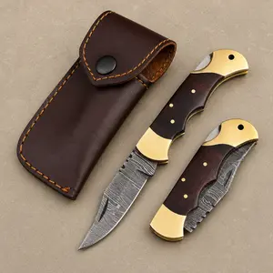Midnight Timber Damascus Knife – Ladder Pattern Steel with Rosewood Handle, Brass Bolster & Leather Sheath