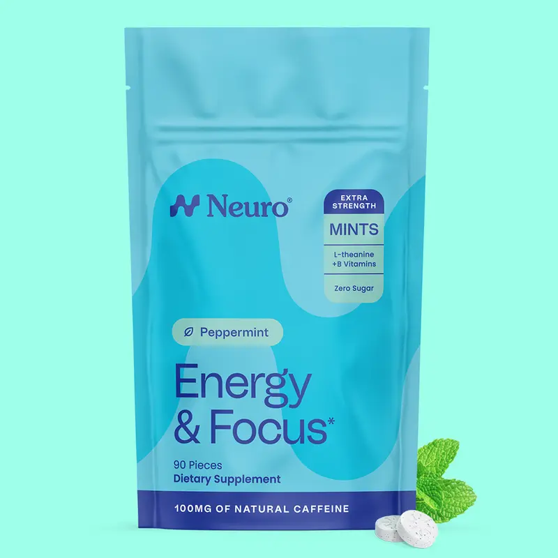 Neuro Peppermint Extra Strength Energy & Focus Mints (90 Pieces) - Sugar Free with Natural Caffeine, L-theanine, Vitamin B12 & Vitamin B6