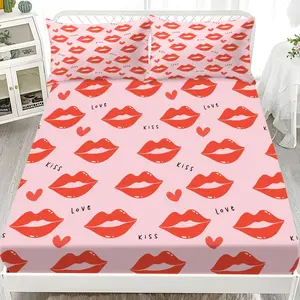 3pcs Bedding Set (1 Fitted Sheet + 2 Pillowcases), Romantic Heart Lip Pattern, Breathable Polyester Fiber