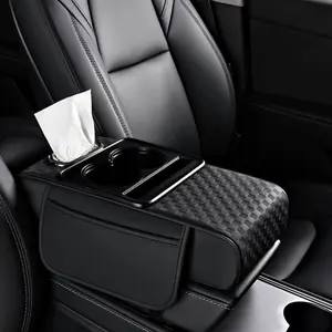 JOKG Center Console Cover,Car Armrest Cushion Multifunctional with 2 Storage Bags Cup Holder,Phone Slot,Tissue Box Slot for Most Cars Accessories Interior Organizers-Black 13.8x7.9 in