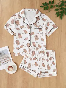 Funny Animal Lover Capybara Cartoon Milk Silk Pajama Set, Turn-Down Neck Button Short Sleeve Contrast Trim Pajamas, Funny Attraction Style