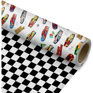 Race  Reversible Wrapping Paper Roll -  Wrap with Black & White Checkered Flag  Reverse-  for Holidays, Birthdays, Babay Shower and Christmas - 17.5 in x 33 ft (48 sq. ft)