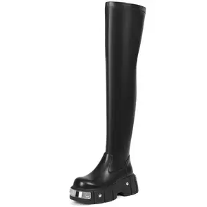Women's Platform Vintage Punk Over Knee High Stylish Motorcycle Casual Goth Winter Boots Black Leather for Winter Fashion