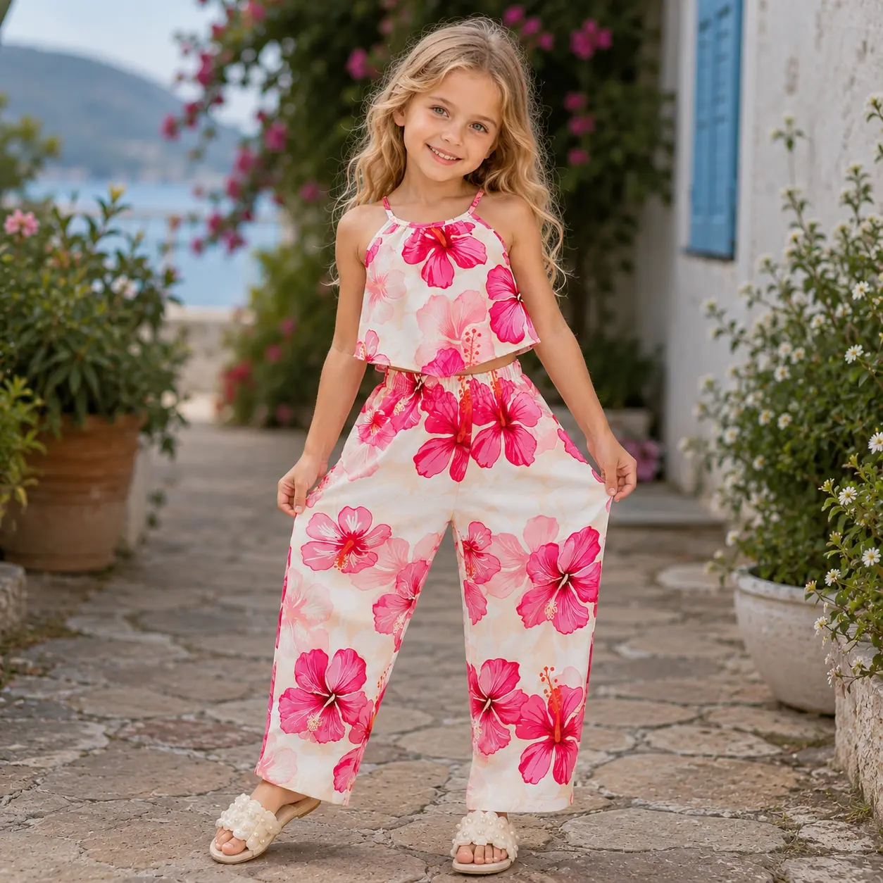 Girls 2PCS Tropical Floral Outfit Set for 4-7 Years | Halter Tank Top & Wide Leg Pants Summer Vacation Clothes