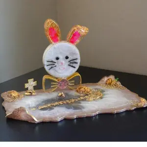 Decorative Easter Bunny Resin Tray Set, | Cute Decorative Collectibles |,  Handmade Epoxy Art Display, White and Gold