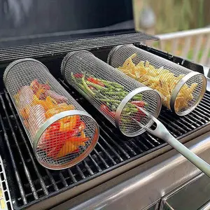 BBQ Basket Stainless Steel Rolling Grilling Basket Wire Mesh Cylinder Grill Basket Portable Round Outdoor Camping Barbecue Rack Barbecue Utensils