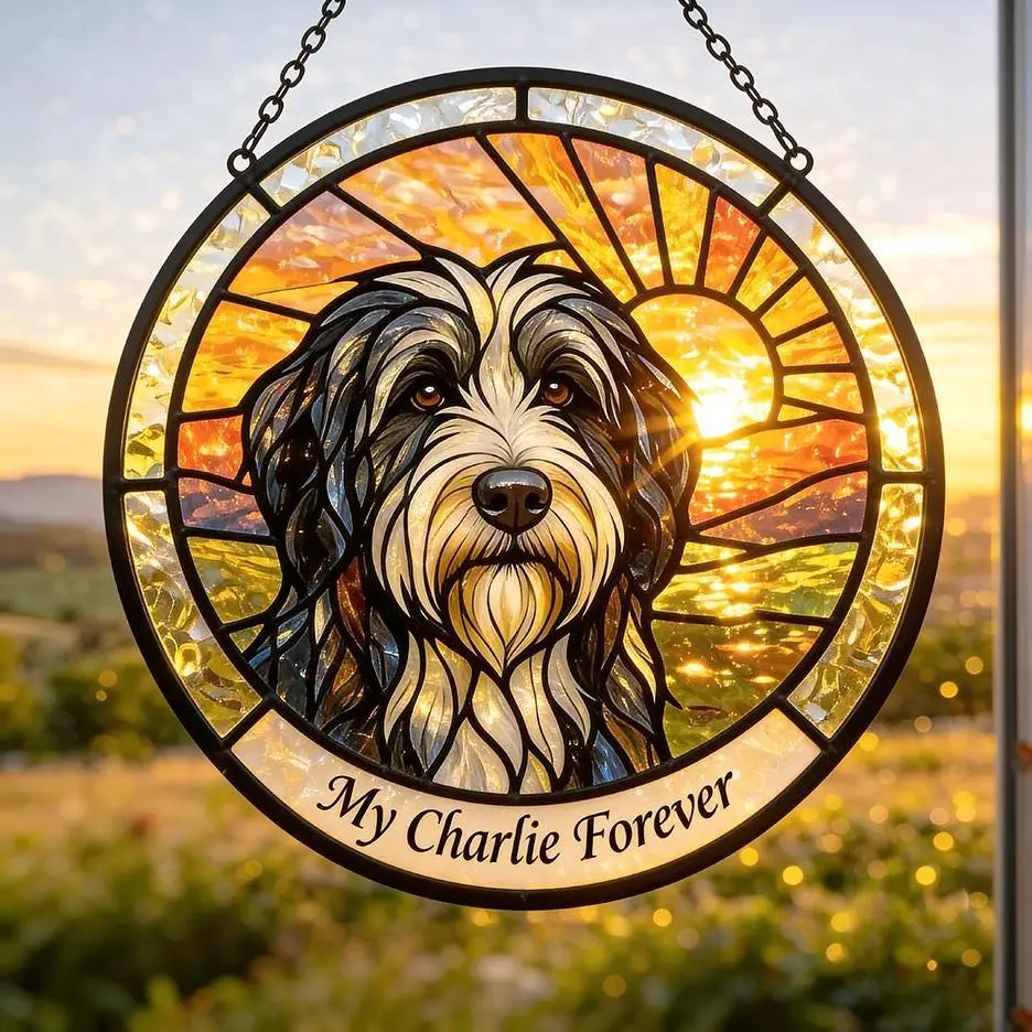 [Made in US] Custom Dog Portrait Stained Glass Suncatcher, Personalized Pet Memorial Decor