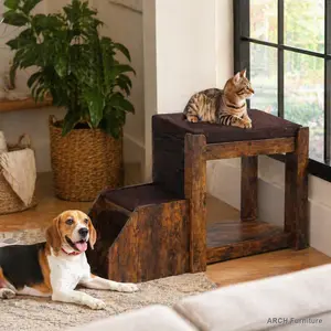 Modern Arch Pet Bunk Bed - Indoor Dog & Cat Furniture with Removable Step, Removable Cushion, Multi-Level Window Perch Platform, Safety Support, Cat Scratch Pad, Pet Stairs & Ramps