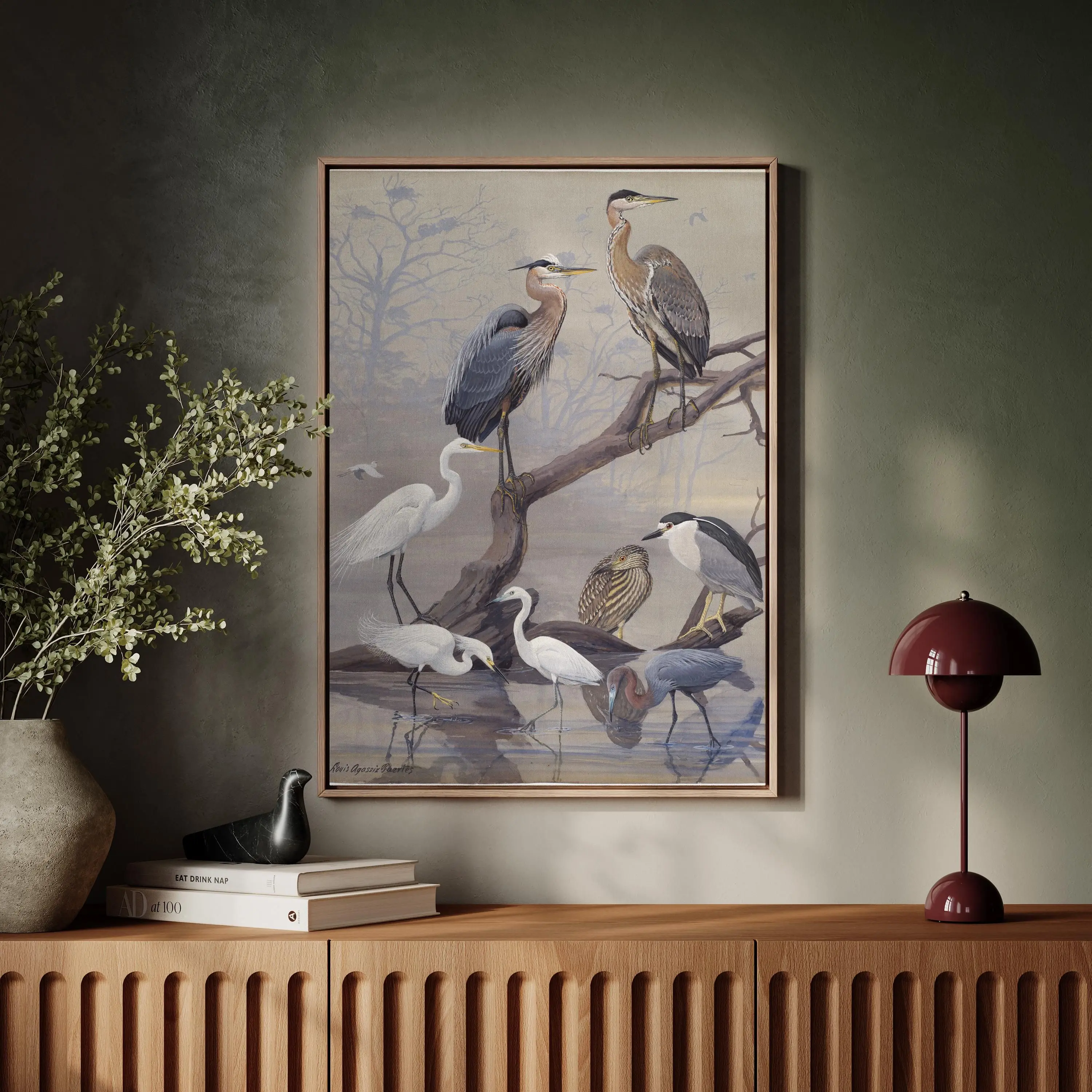[Sale off up to 40%] [Frame Canvas] Great Blue Heron American Egret Black-crowned Night Heron Canvas Wall Art, Landscape Illustration Antique Style Coastal Birds Painting