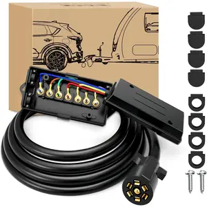 Heavy Duty 7-Way Inline Trailer Terminal Plug Kit, 8-ft Universal Connector Copper Wire Cable, 7-Pin RV Round Extension Wiring Harness with Waterproof Junction Box for RV Towing Wired Jack Lighting