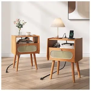 Mid-Century Modern Nightstand Set – Boho Rattan Bedside Tables with Charging Station & Storage, Solid Cherry Wood Legs